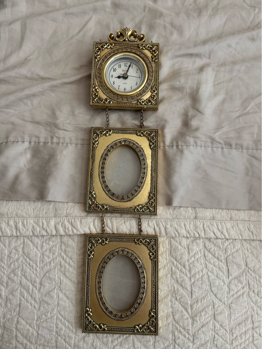 Vintage Bulova Brass-Tone Ornate Wall Frame and Clock Set